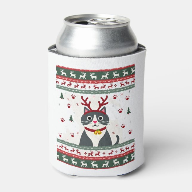 Christmas Cat Reindeer Ugly Christmas Sweater T-Sh Can Cooler (Can Front)