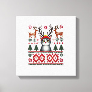 Christmas Cat Reindeer Ugly Christmas Sweater T-Sh Canvas Print