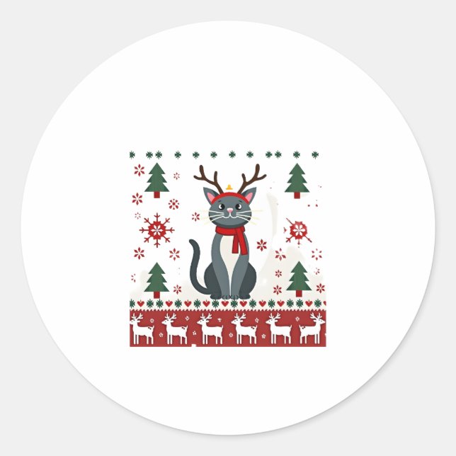 Christmas Cat Reindeer Ugly Christmas Sweater T-Sh Classic Round Sticker (Front)