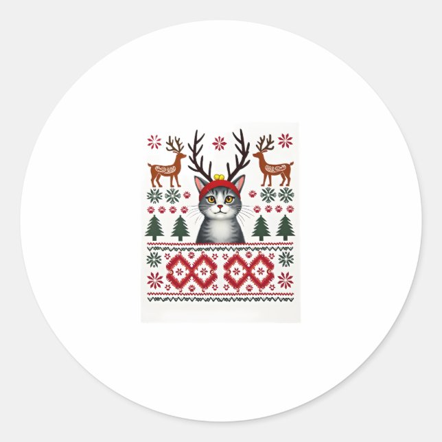 Christmas Cat Reindeer Ugly Christmas Sweater T-Sh Classic Round Sticker (Front)