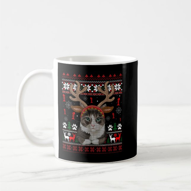 Christmas Cat Reindeer Ugly Christmas Sweater T-Sh Coffee Mug (Left)