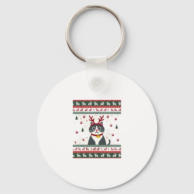 Christmas Cat Reindeer Ugly Christmas Sweater T-Sh Key Ring (Front)