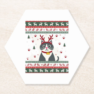 Christmas Cat Reindeer Ugly Christmas Sweater T-Sh Paper Coaster