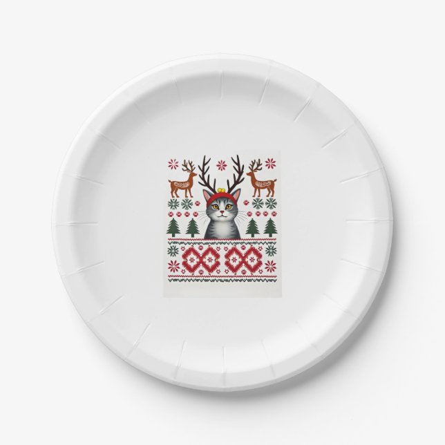 Christmas Cat Reindeer Ugly Christmas Sweater T-Sh Paper Plate (Front)