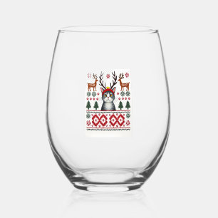 Christmas Cat Reindeer Ugly Christmas Sweater T-Sh Stemless Wine Glass