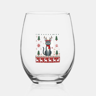 Christmas Cat Reindeer Ugly Christmas Sweater T-Sh Stemless Wine Glass