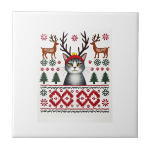 Christmas Cat Reindeer Ugly Christmas Sweater T-Sh Tile