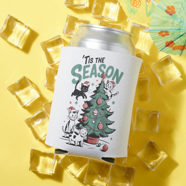 Christmas Cat Retro Tis The Season Meowy Catmas  Can Cooler (In Situ Summer)