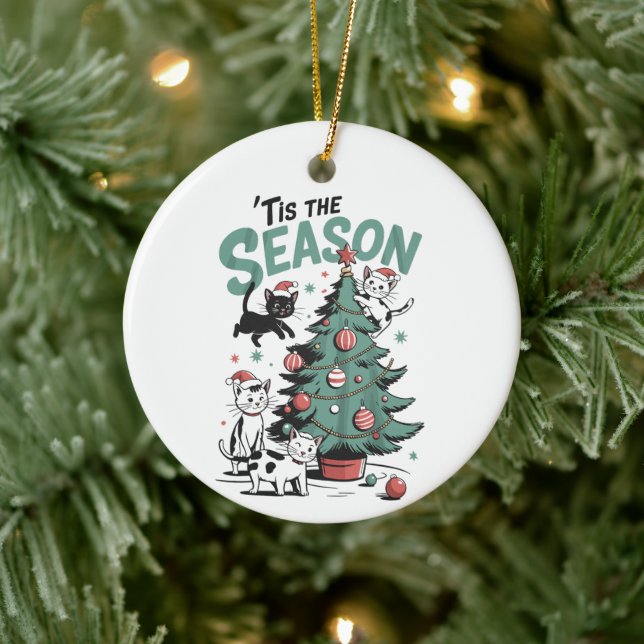 Christmas Cat Retro Tis The Season Meowy Catmas  Ceramic Tree Decoration (Tree)