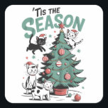 Christmas Cat Retro Tis The Season Meowy Catmas  Square Sticker<br><div class="desc">Christmas Cat Retro Tis The Season Meowy Catmas Matching Cat Dad Festive Kitty Cat Mum Gift</div>