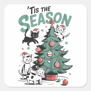 Christmas Cat Retro Tis The Season Meowy Catmas  Square Sticker