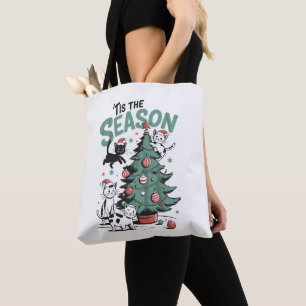 Christmas Cat Retro Tis The Season Meowy Catmas  Tote Bag