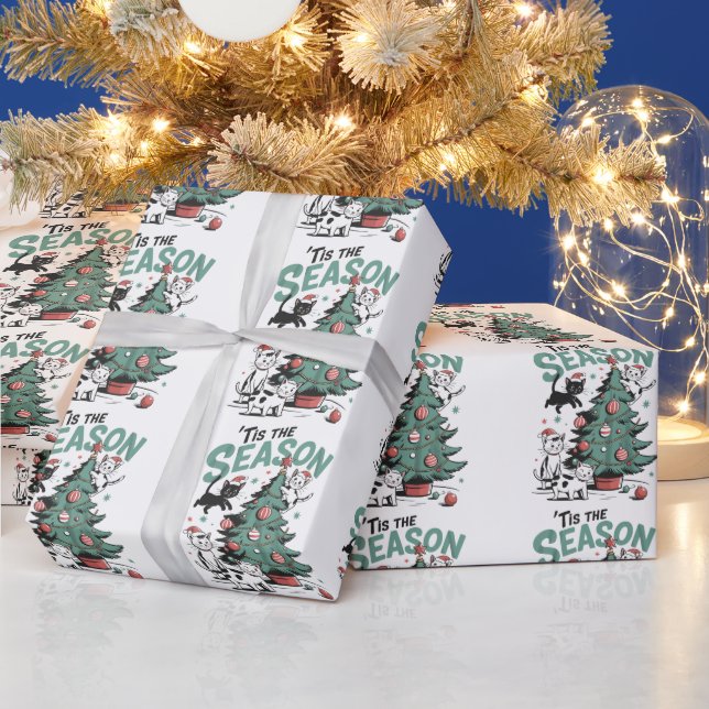 Christmas Cat Retro Tis The Season Meowy Catmas  Wrapping Paper (Holidays)