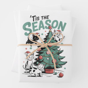 Christmas Cat Retro Tis The Season Meowy Catmas  Wrapping Paper Sheet