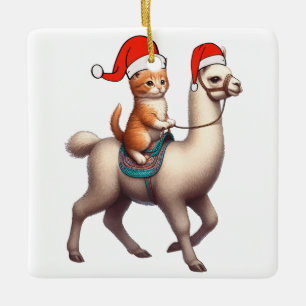Christmas Cat Riding Llama, Xmas Llama and Kitten Ceramic Ornament