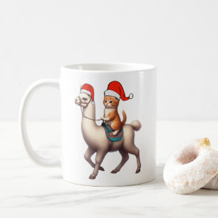 Christmas Cat Riding Llama, Xmas Llama and Kitten Coffee Mug