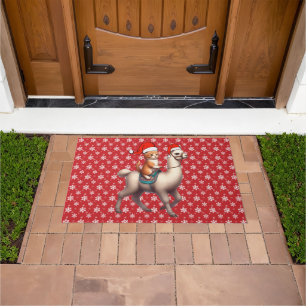 Christmas Cat Riding Llama, Xmas Llama and Kitten Doormat