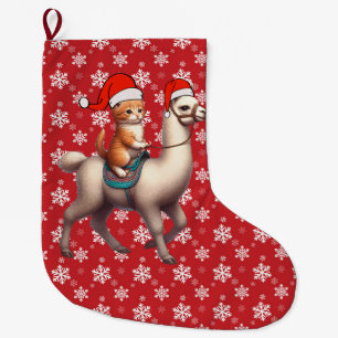 Christmas Cat Riding Llama, Xmas Llama and Kitten Large Christmas Stocking