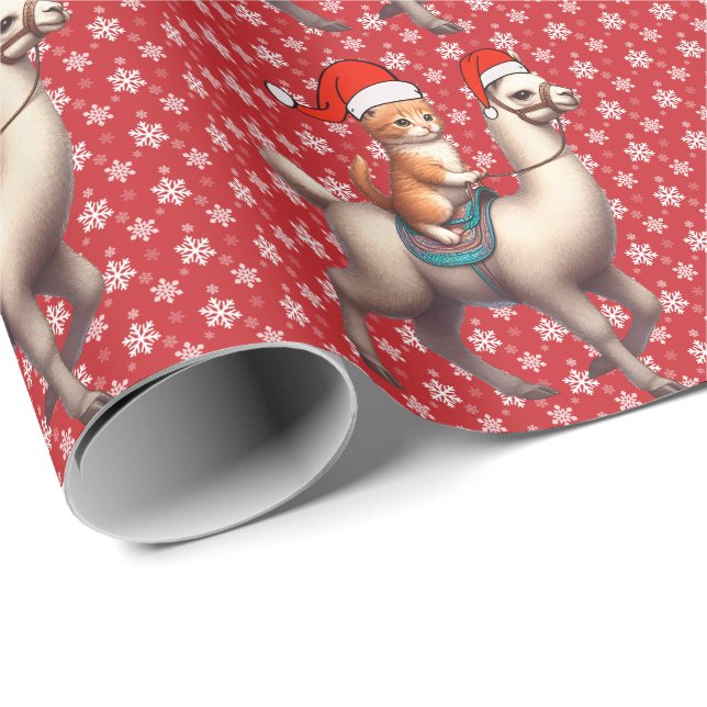 Christmas Cat Riding Llama, Xmas Llama and Kitten Wrapping Paper (Roll Corner)
