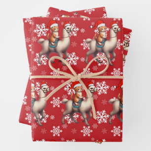 Christmas Cat Riding Llama , Xmas Llama and Kitten Wrapping Paper Sheet