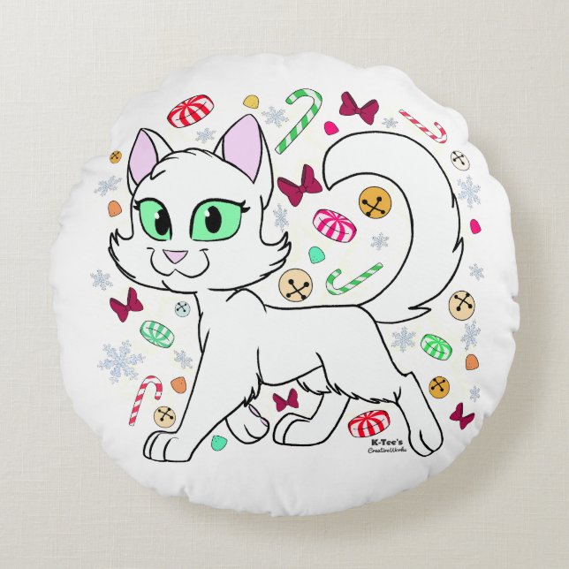Christmas Cat Round Pillow (White) (Front)