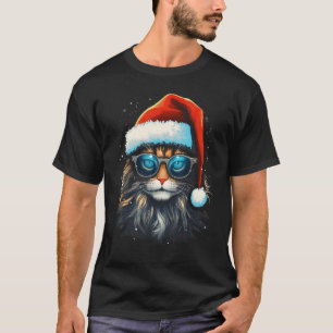 Christmas Cat Santa Hat and Sunglasses Xmas Kitty T-Shirt