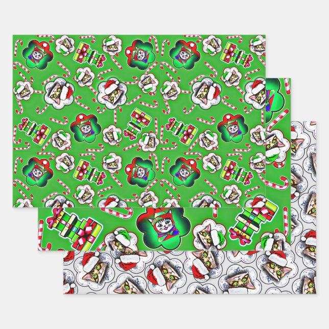 Christmas Cat - Santa Hat Cat Wrapping Paper Sheet (Set)
