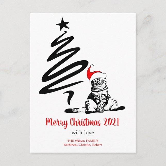 Christmas Cat Santa hat Funny Cute Black White Holiday Postcard (Front)