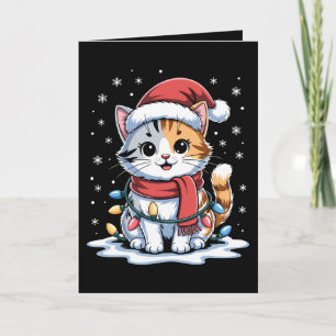 Christmas Cat Santa Hat Scarf Lights Snow Xmas Card