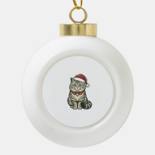 Christmas Cat Santa Hat Vintage Engraving Design_1 Ceramic Ball Christmas Ornament