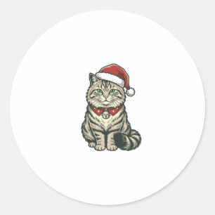 Christmas Cat Santa Hat Vintage Engraving Design_1 Classic Round Sticker