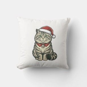 Christmas Cat Santa Hat Vintage Engraving Design_1 Cushion