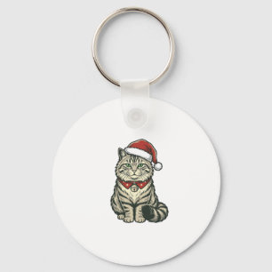 Christmas Cat Santa Hat Vintage Engraving Design_1 Key Ring