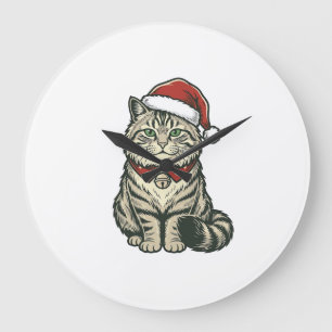 Christmas Cat Santa Hat Vintage Engraving Design_1 Large Clock