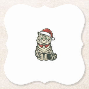 Christmas Cat Santa Hat Vintage Engraving Design_1 Paper Coaster