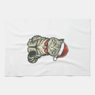 Christmas Cat Santa Hat Vintage Engraving Design_1 Tea Towel