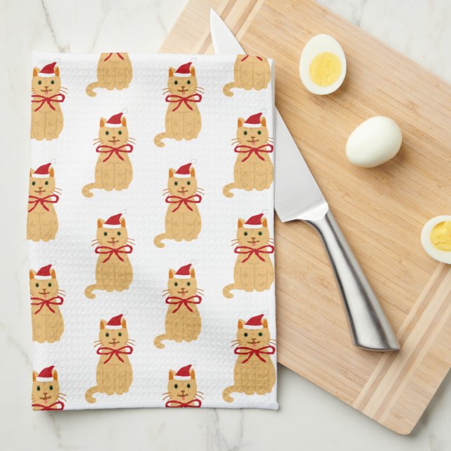 Christmas Cat Santa Painting  Tea Towel (Quarter Fold)
