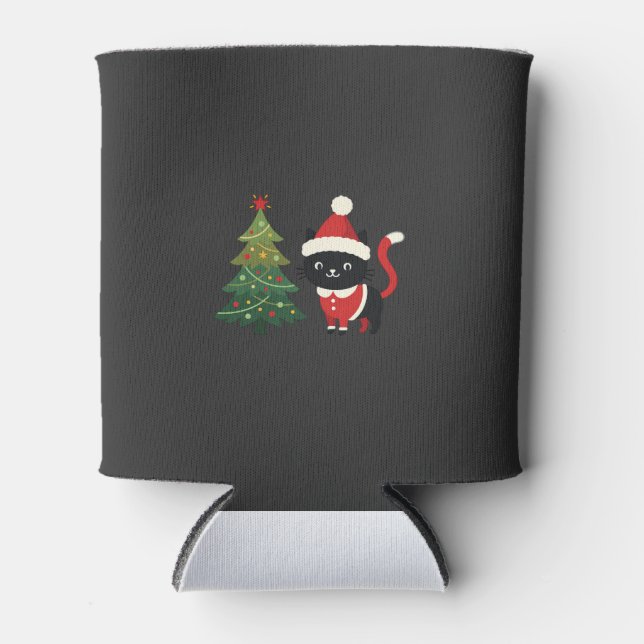 Christmas Cat Santa Tree Vector Can Cooler (Front)