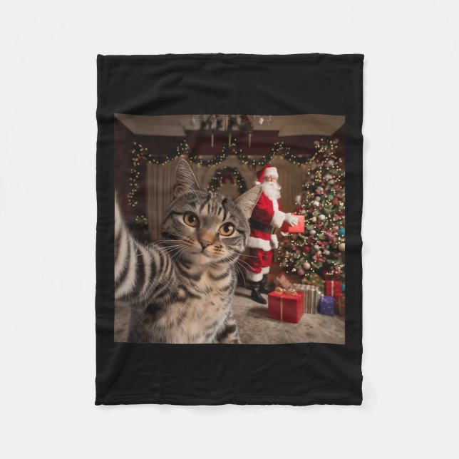 Christmas Cat Selfie With Santa Claus Cute Holiday Fleece Blanket (Front)