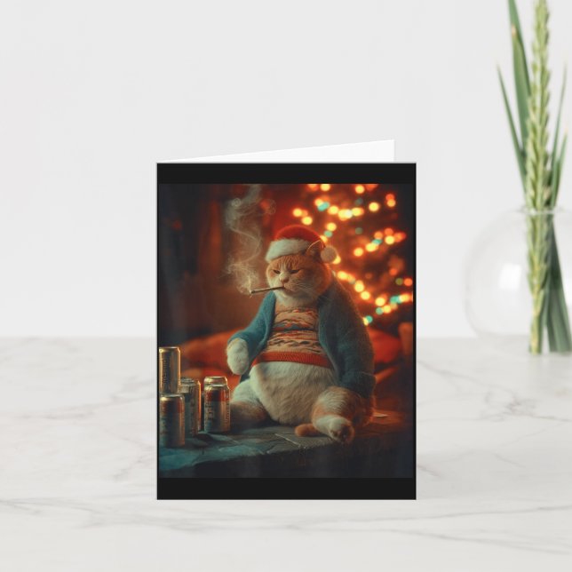 Christmas Cat Smoking Cigarette Meme Gen Z  Card (Front)