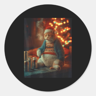 Christmas Cat Smoking Cigarette Meme Gen Z Classic Round Sticker