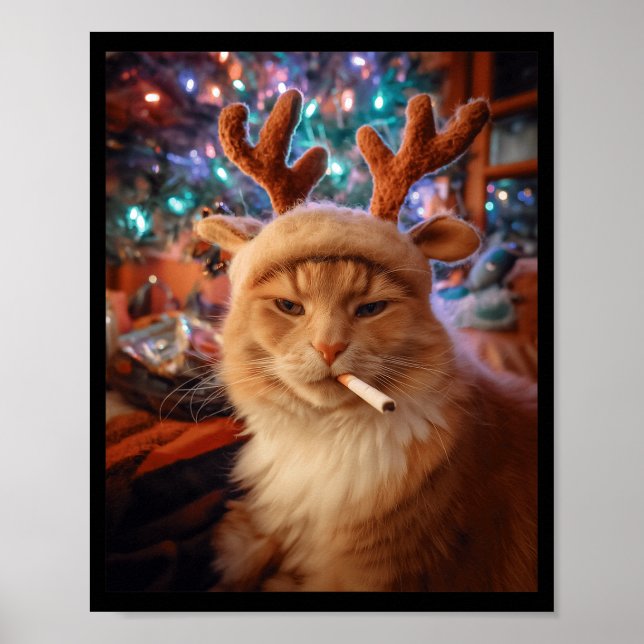 Christmas Cat Smoking Cigarette Meme Gen Z Comfort Poster (Front)