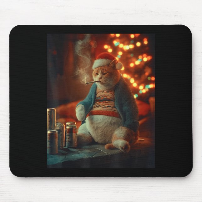 Christmas Cat Smoking Cigarette Meme Gen Z  Mouse Mat (Front)