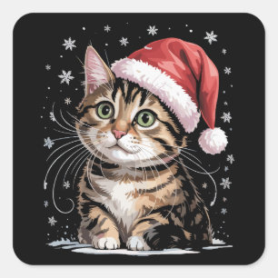 Christmas Cat Snow Santa Hat Winter Square Sticker