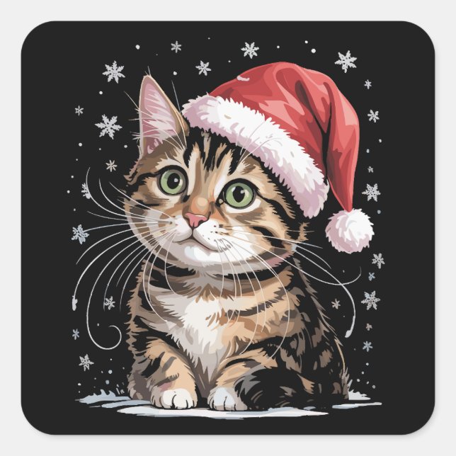 Christmas Cat Snow Santa Hat Winter Square Sticker (Front)