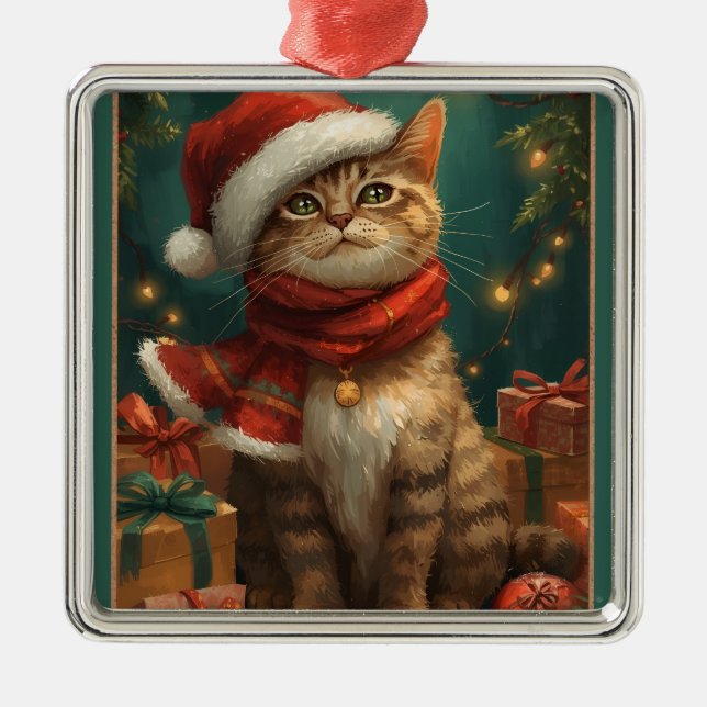Christmas Cat Square Metal Ornament (Front)