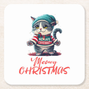 Christmas Cat Square Paper Coaster