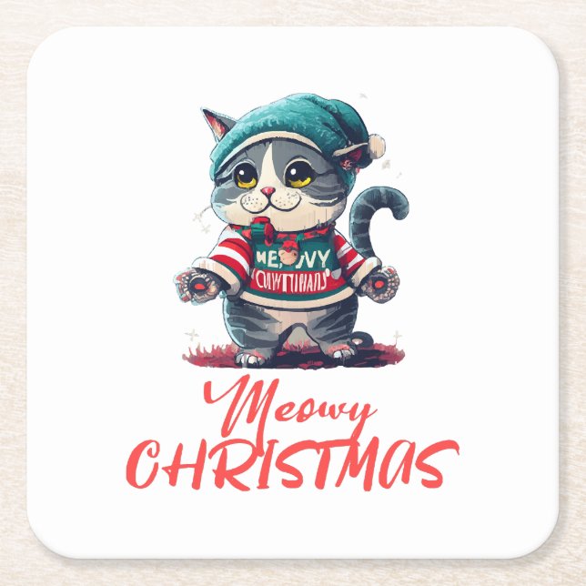 Christmas Cat  Square Paper Coaster (Front)