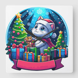 christmas cat square wall clock