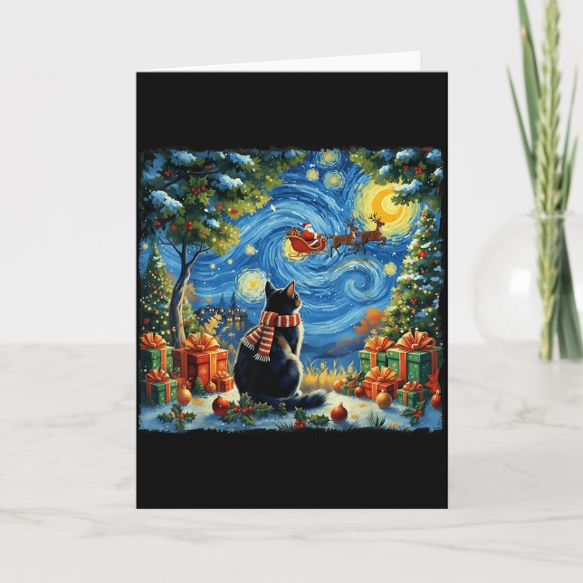 Christmas Cat Starry Night Holiday Van Gogh Xmas S Card (Front)